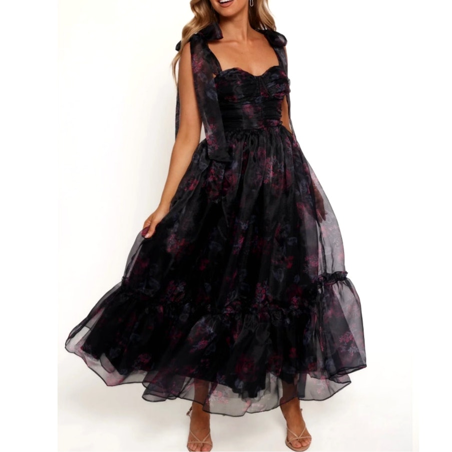 Petal And Pup Women's Midi Dress Small Chiffon Black Floral Dark Fairy Goth Vamp
